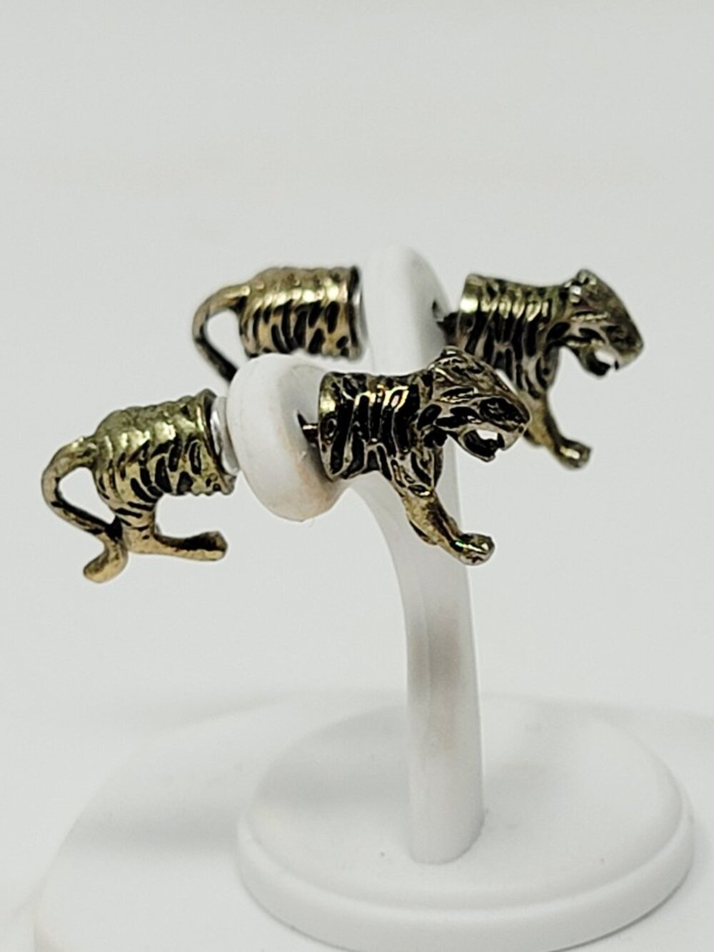 Vintage Gold Tone Tiger Front & Back Post Earrings Animal Novelty Earrings